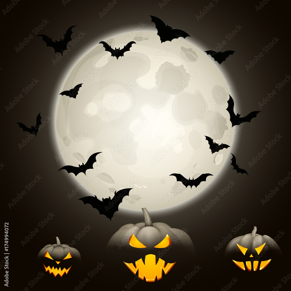 Halloween background with pumpkins and bats.