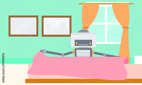 Domestic Robot changing bed linen in bedroom. Personal robot housekeeping futuristic concept illustration vector.