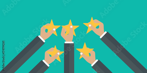 Hands holding rating star. Feedback recognition concept. Flat vector illustration