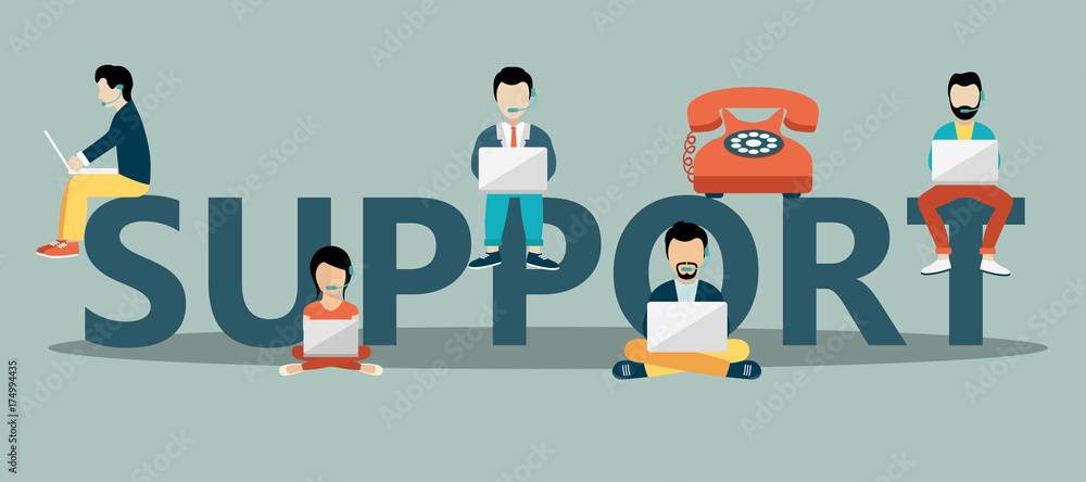 Business customer care service concept. Huge text and people sitting on it with lap tops and headphones. Flat vector illustration. Business customer care service concept. Huge text and people sitting on it with lap tops and headphones. Flat vector illustration.