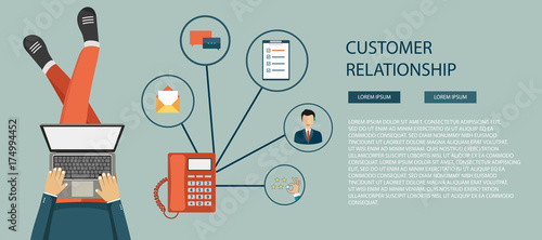 Business customer care service concept. Icons set of contact us, support, help, phone call and website click. Man sitting on the floor and holding lap top with telephone by his side. Flat vector