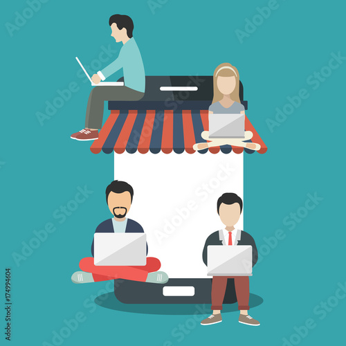 People sitting on big smart phone. Surfing concept illustration of young people using lap top to shop on line. Flat vector illustration