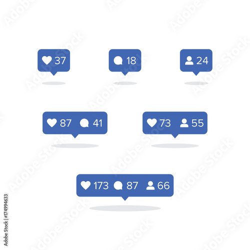 Social media notifications with heart, comment and follower icons in blue colors. Illustration of social media communication and reactions