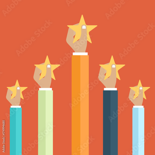 Hands holding rating star. Feedback recognition flat vector illustration