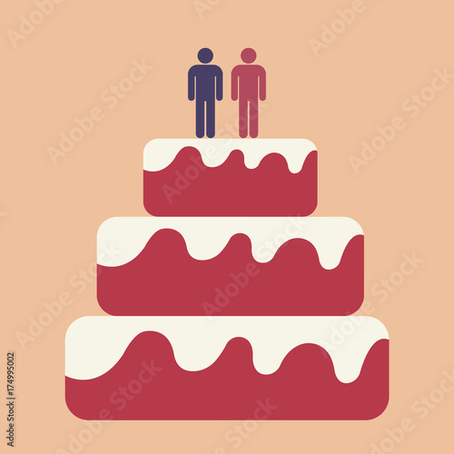 Pink wedding cake with gay couple on top. Flat vector design.