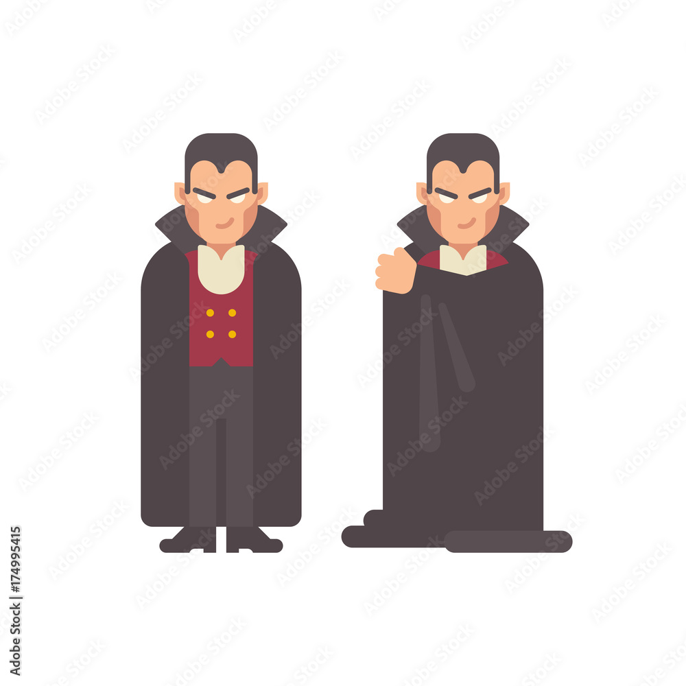Smiling vampire in a cape. Halloween character flat illustration