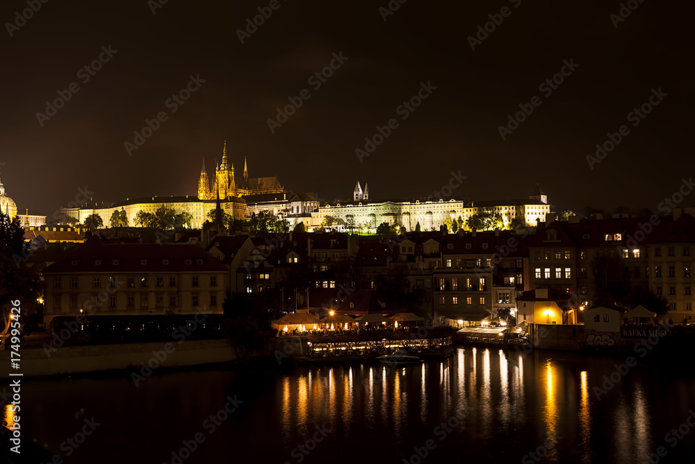 Night panorama of Prague, Czech Republic. Castle, St Vitus Cathedral and Vltava river