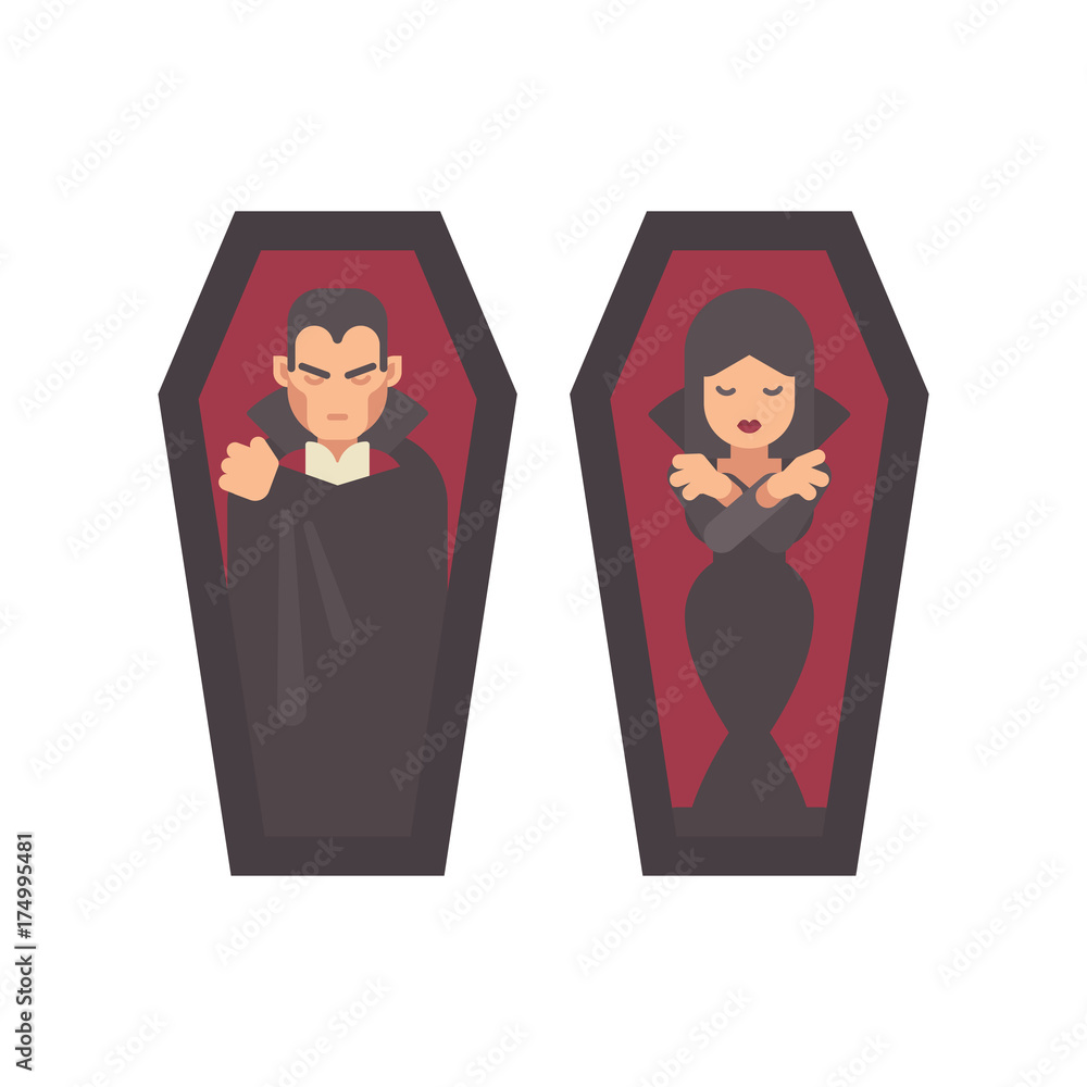 Plakat Two vampires sleeping in coffins. Man in a black cape, girl in a gothic dress. Halloween character flat illustration