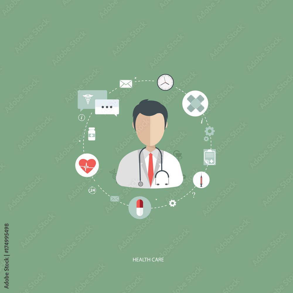 Vector illustration in a modern flat style, health care concept. A doctor in uniform with stethoscope and first aid kit. On line consultation. Flat vector illustration. Vector illustration in a modern flat style, health care concept. A doctor in uniform with stethoscope and first aid kit. On line consultation. Flat vector illustration.