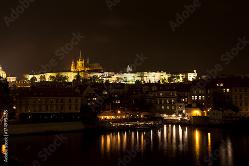 Night panorama of Prague, Czech Republic. Castle, St Vitus Cathedral and Vltava river
