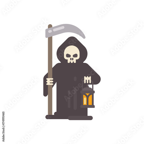 Grim reaper with a scythe an a lantern. Halloween character flat illustration