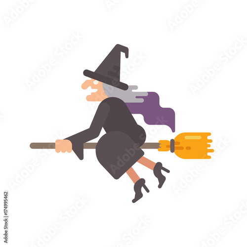 Fototapeta Old witch flying on a broomstick