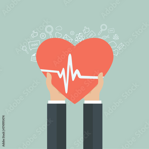 Medicine and health care icon. Hands holding heart with pulse sign. Flat vector illustration.