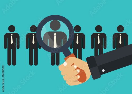 Find the right person for the job concept. Green background. Flat vector design