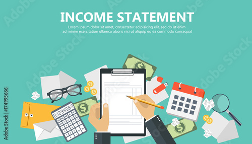 Invoice. Financial calculations. Working process. Businessman hands, calculator, financial reports, money, coins, pen. Top view. Vector illustration in flat design on green background