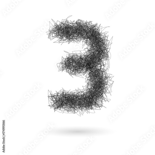 An abstract, textured dark grey number three digit created from a mass of tangled, scribbled lines isolated on a white background.