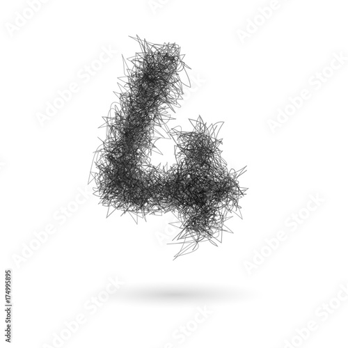 An abstract black number four formed by a chaotic scribble of textured lines and wire, casting a soft shadow on a white background.