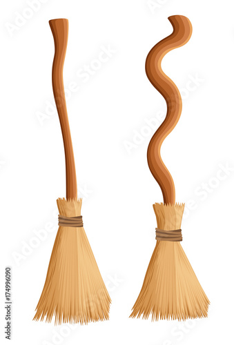 broom made from twigs on a long wooden handle. vector illustration. tool for cleaning isolated on white background. Witches broom stick. Halloween accessory object. Web site page and mobile app.