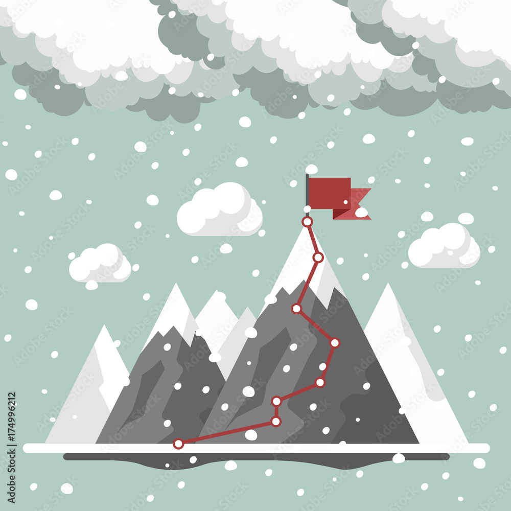 Landscape background. Mountains in winter. Achievement, exploring and discovery concept. Flat vector illustration