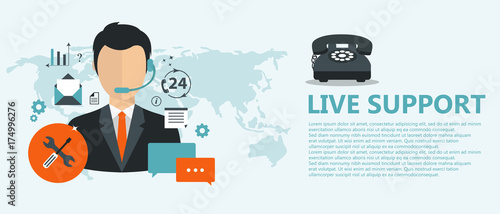 Live support concept. Business customer care service concept. Icons set of contact us, support, help, phone call and website click. Flat vector illustration.