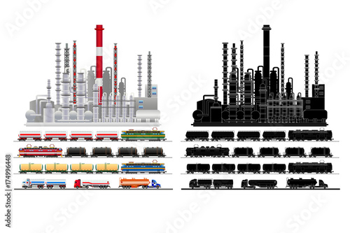 Oil petrochemical refinery plant, silhouette, vector, isolated