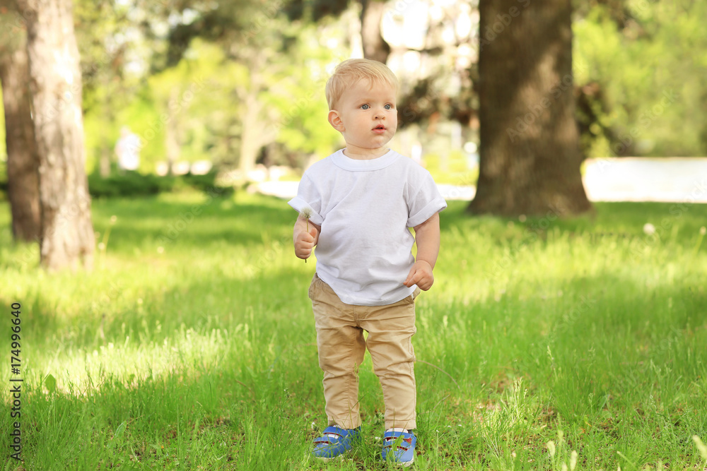 Cute baby boy walking in green park on sunny day Cute baby boy walking in green park on sunny day