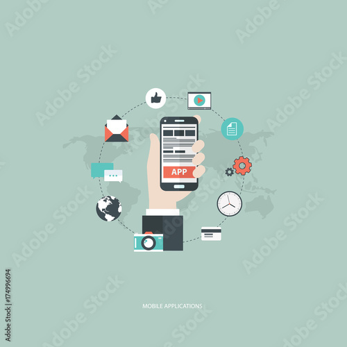 Mobile application concept. Hand holding the phone with icons around it. Flat vector illustration.