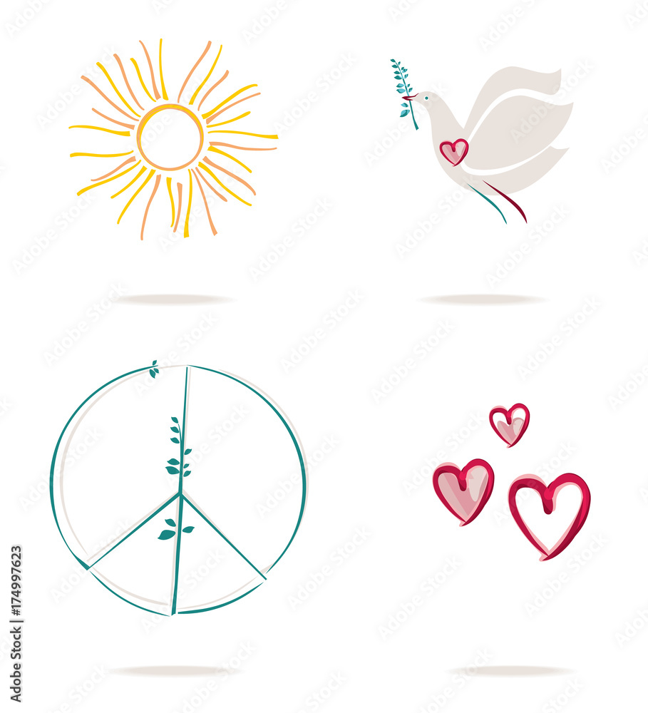 Set of four vector concept icons of a hearts and sun and peace symbol and pigeon with green twig.