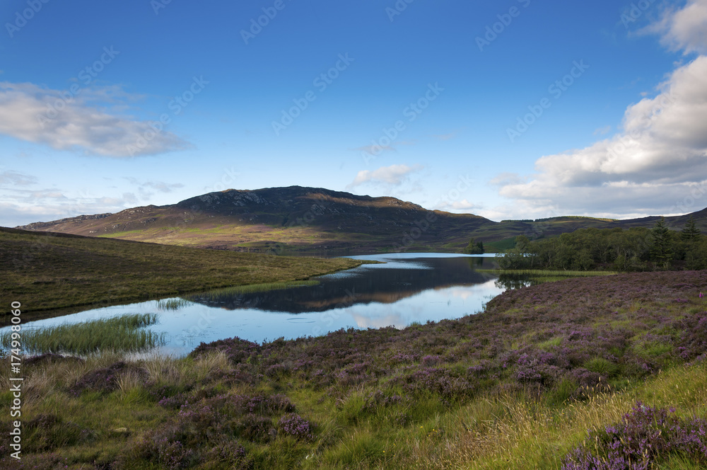 Fototapeta premium Beautiful lake surrounded by cliffs and mountains in the Highlands of Scotland in United Kingdom; Concept for travel in Scotland