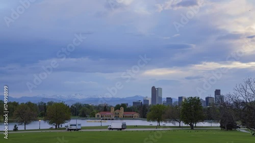 Beautiful sunset to night motion timelapse from Ferril Lake at Denver, Colorado, United States photo