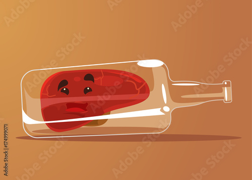 Unhappy sick alcoholic liver character inside bottle of alcohol. Vector flat cartoon illustration 