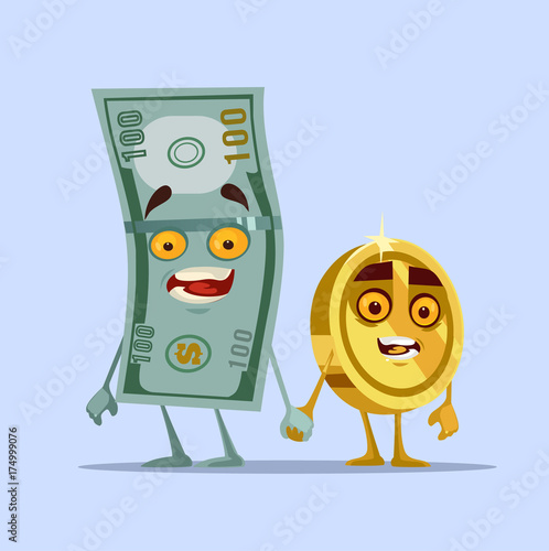 Happy smiling dollar and cent characters. Vector flat cartoon illustration