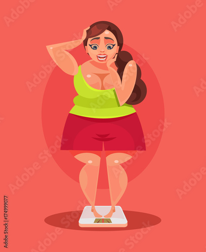 Sad unhappy overweight woman character standing on scale. Vector flat cartoon illustration 