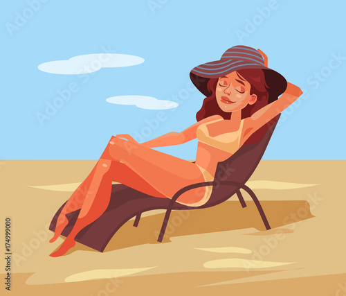 Happy smiling woman lying on chair and sunbathing. Vector flat cartoon illustration