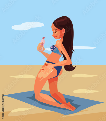 Happy smiling woman tourist character using protection skin sun cream. Vector flat cartoon illustration 