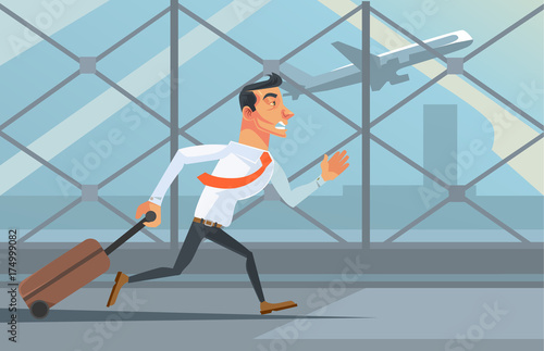 Stressed unhappy businessman office worker character running after airplane. Lateness concept. Vector flat cartoon illustration 