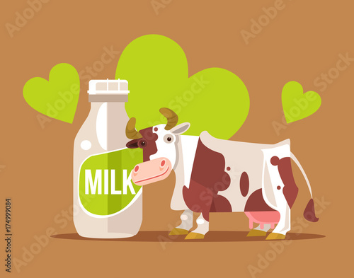 Happy smiling cow character with milk bottle. Vector flat cartoon illustration