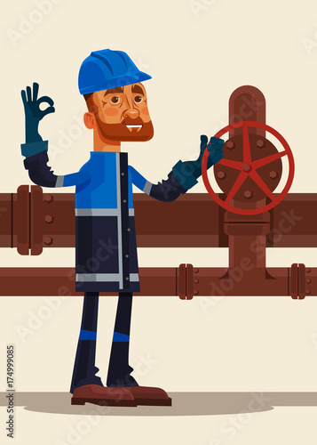 Happy smiling oilman worker man character showing ok sign. Vector flat cartoon illustration