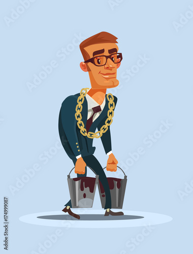 Happy smiling oilman businessman character carrying baskets of oil. Vector flat cartoon illustration