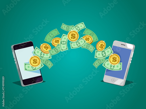 Dollars and coins money currency send from one smartphone to another. Online transaction concept. Vector flat cartoon illustration