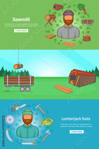 Sawmil and timber banner set template, cartoon style photo