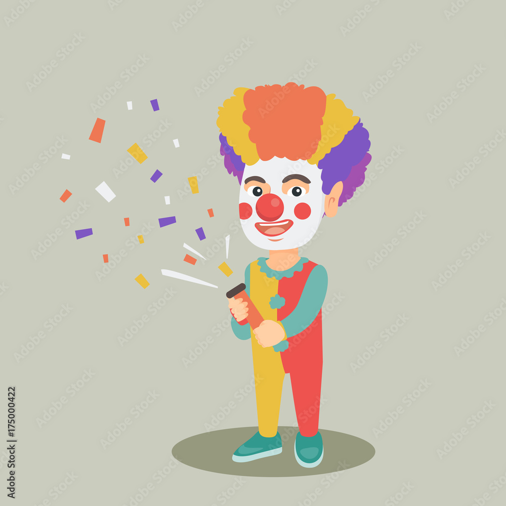 Cheerful little caucasian boy in colorful clown wig and costume shooting a  party popper confetti Stock Vector | Adobe Stock