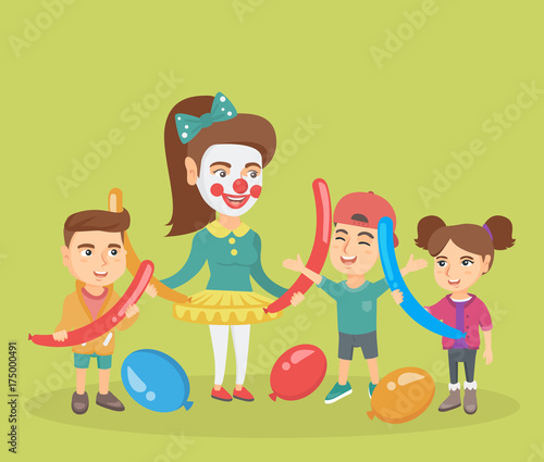 Three happy caucasian kids and young animator making a figure from long balloons at children party. Group of children and animator playing with balloons. Vector cartoon illustration. Square layout.