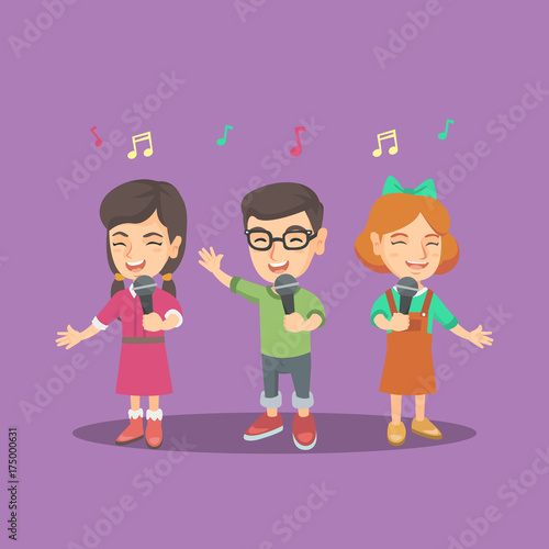 Group of cheerful caucasian girls and boy singing a song with microphones. Children choir standing with microphones and singing. Vector cartoon illustration. Square layout.