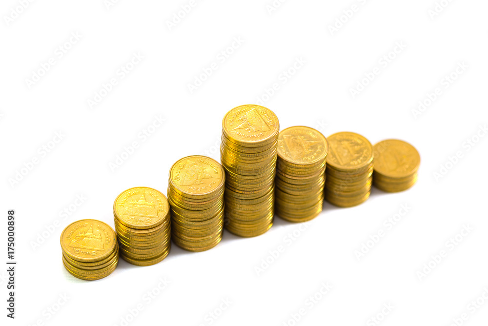 Increasing columns of coins, piles of gold coins arranged as a graph isolated on white background Increasing columns of coins, piles of gold coins arranged as a graph isolated on white background