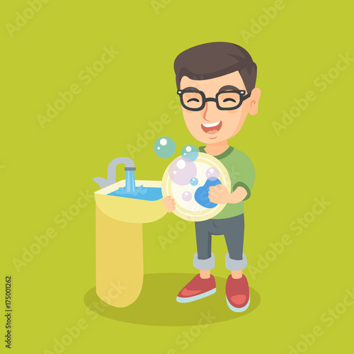 Happy little caucasian boy washing dishes in the sink. Smiling boy doing dishes and having fun with helping his parents with housework. Vector cartoon illustration. Square layout.