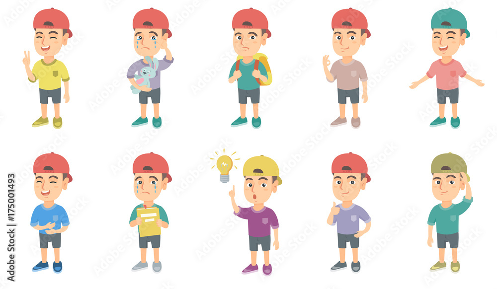 Little caucasian boy set. Boy showing victory gesture, ok sign, crying, pointing finger at lightbulb, giving thumb up, crying. Set of vector sketch cartoon illustrations isolated on white background.