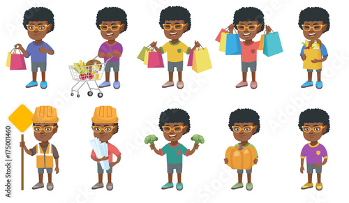 Little african-american boy set. Boy holding broccoli, pushing shopping trolley with groceries, wearing builder costume and hard hat. Set of vector cartoon illustrations isolated on white background.
