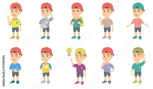 Little caucasian boy set. Boy showing victory gesture, ok sign, crying, pointing finger at lightbulb, giving thumb up, crying. Set of vector sketch cartoon illustrations isolated on white background.