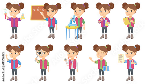 Little caucasian girl set. Girl wearing a doctor coat, holding stethoscope, book, sheet with the highest mark, giving thumb up. Set of vector sketch cartoon illustrations isolated on white background.
